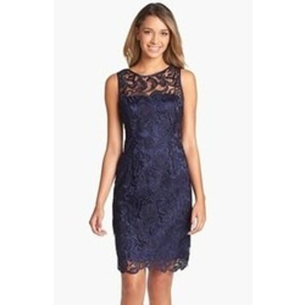 Adrianna Papell Illusion Bodice Lace Sleeveless Sheath Dress Navy Blue Womens 10